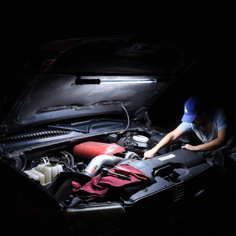 Mechanic using Cordless Underhood Work Light For Mechanics, Rechargeable Li-Ion LED Light Bar With 202 SMD LEDs, Up To 1200 Lumens