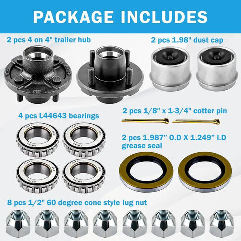 Four Lug Trailer Hub Kit For 2000 Lb Axles Fits One Inch And One Sixteenth Inch Spindles Carbon Steel With L44643 Bearings Built To Roll On Utility And Small Boat Hauls, package showing hubs and accessories