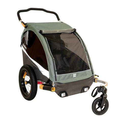 Two 16 By 3 Inch Bike Trailer Wheel Kit With Aluminum Rim And Hub attached to a child trailer, compatible with Burley models.