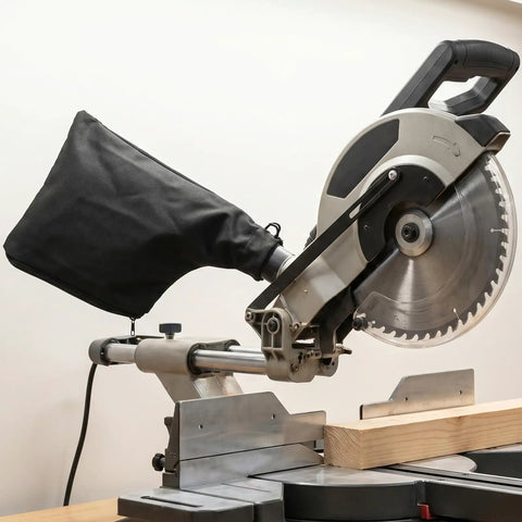 Workhorse Two Pack Miter Saw Dust Collection Bag With Roll Down Zipper Seal And Bendable Steel Wire Opening on a miter saw.