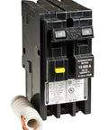 Homeline 15 Amp Two Pole GFCI Circuit Breaker display showing plug on design and easy install features, includes wire