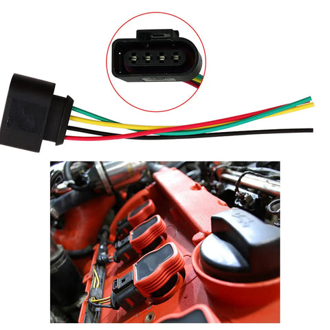 VW Ignition Coil Harness Connector Kit 4 Pack With 16 Heat Shrink Butt Connectors shown with colorful wires and engine installation.