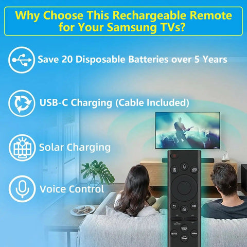 Rechargeable Voice Remote For 2019 To 2026 Smart TVs With USB C Fast Charging and Solar Power features displayed on screen