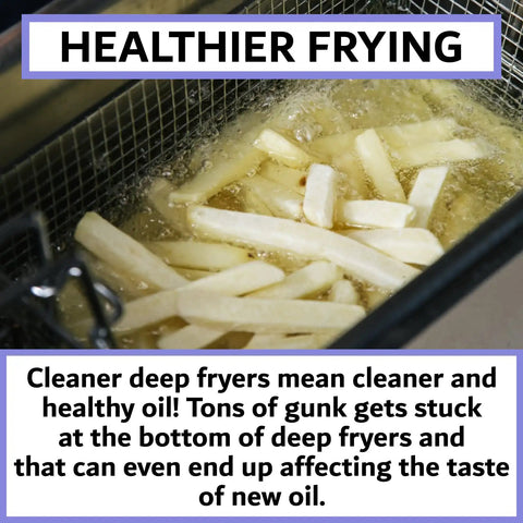 French fries cooking in a deep fryer with text promoting cleaner oil, related to Deep Fryer Cleaning Brush L Shaped High Temp Commercial Kitchen Tool.