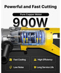 Happybuy Electric Hydraulic Rebar Cutter 900W motor cut diagram showing copper motor and efficiency features.