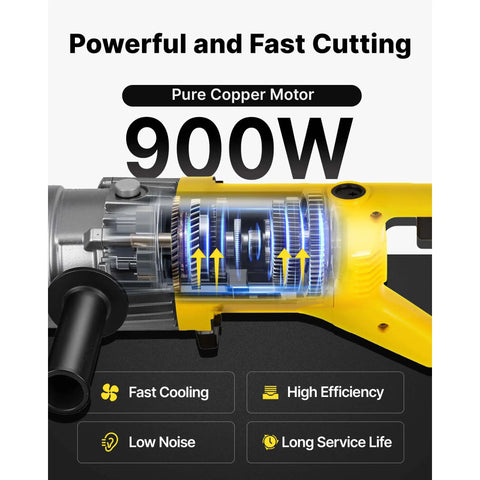 Happybuy Electric Hydraulic Rebar Cutter 900W motor cut diagram showing copper motor and efficiency features.