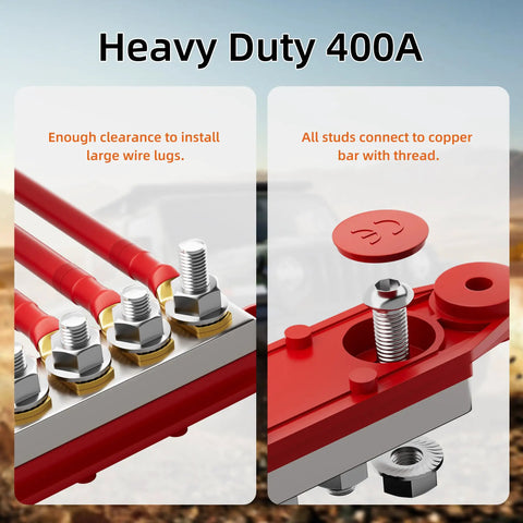 Beefy 400A 12V Bus Bar Power Distribution Block With Six Terminal Studs Sized For Standard Five Sixteenth Inch Bolts M8 For Boat RV Automotive And Solar Systems Positive And Negative Marine Electrical Terminal Block, red cover and studs