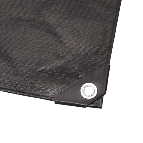Corner grommet detail of Heavy Duty Waterproof Poly Tarp 12x20 Feet Black 1 Pack All Weather Outdoor Cover For Construction Camping Roof Repairs