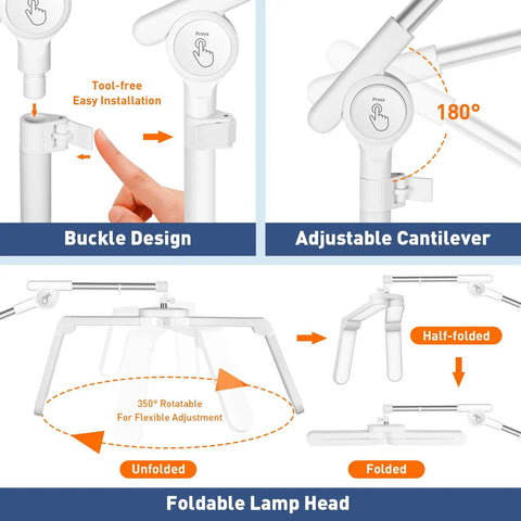 Lash Light Half Moon Magnifying Desk Lamp features tool-free installation, adjustable swivel arm, and foldable lamp head for close work.