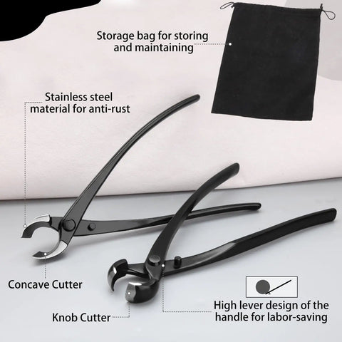 Bonsai Branch Tool Kit With Concave And Spherical Knob Cutters Ambidextrous Stainless Steel Blades Black Modern Style 210mm Length And 50mm Width Pro Grade Pruning Set With Storage Bag, black cutters and bag