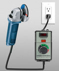 Top Tier Adjustable AC Motor Speed Controller With Bright LED Display And Hella Smooth Voltage Regulator shown with angle grinder.