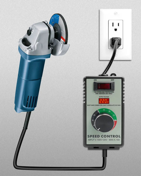 Top Tier Adjustable AC Motor Speed Controller With Bright LED Display And Hella Smooth Voltage Regulator shown with angle grinder.