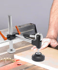 Heavy Duty Table Saw Presser With Adjustable Cast Iron Clamp For Woodworking Projects, close-up on adjustable slide hold down tool.