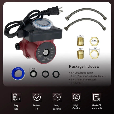 Heavy Duty Hot Water Circulator Pump Fractional Drive Smooth Operator For Home Heating Systems With Three Quarter Inch Fitting No Sweat Installation showing components and fittings.