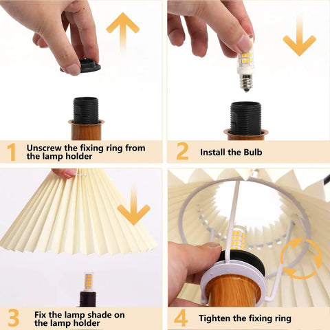 Step-by-step assembly of Cute Small Pleated Desk Lamp With Beige Shade, Modern Bedside Nightstand Light, Wood Pattern Metal Base.