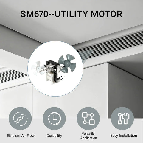 Universal Blower Motor Kit for 670 Series HVAC Units shown with dual fan blades and installation benefits.