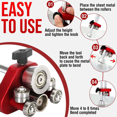 Diagram showing Edge Roller For Sheet Metal Bending With 0 To 100 Degree Range, illustrating steps for easy operation and setup.