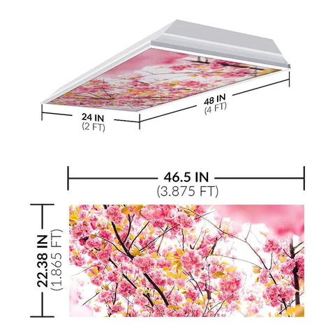Soft Diffuser Light Covers For 2x4 Fluorescent Classroom Ceiling Lights, Slash Glare, Beat Eye Strain And Headaches, Boost Focus, Easy Install, 22.38 x 46.5 Inches, Flower 4 Pack shown installed with cherry blossom design, dimensions visible.