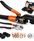 Heavy Duty Hydraulic Crimping Tool Kit With Cable Cutter And Nine Die Sets For Twelve AWG To Two Zero AWG Wires Includes Forty Copper Wire Lugs Pro Electrician Crimper For Terminal Crimping DIY And Professional Grade, shown with dies and copper lugs.