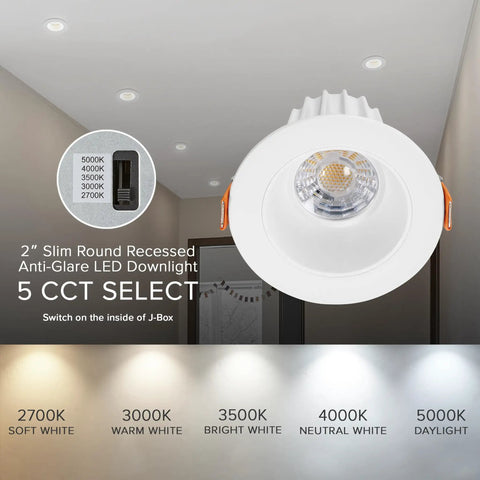 2 Inch Recessed LED Downlight With Premium Anti Glare Trim, 600 Lumens Bright White Glow, 5 Tunable CCT Options For A Sleek Home Lighting Setup Today, ceiling installation.