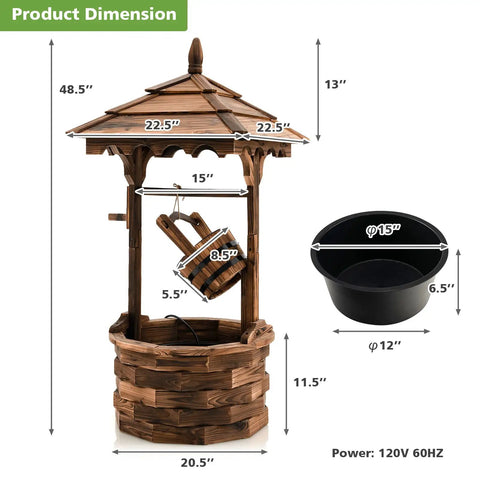 Product dimensions diagram for Rustic Wishing Well Outdoor Fountain With Electric Pump, freestanding wooden water feature.