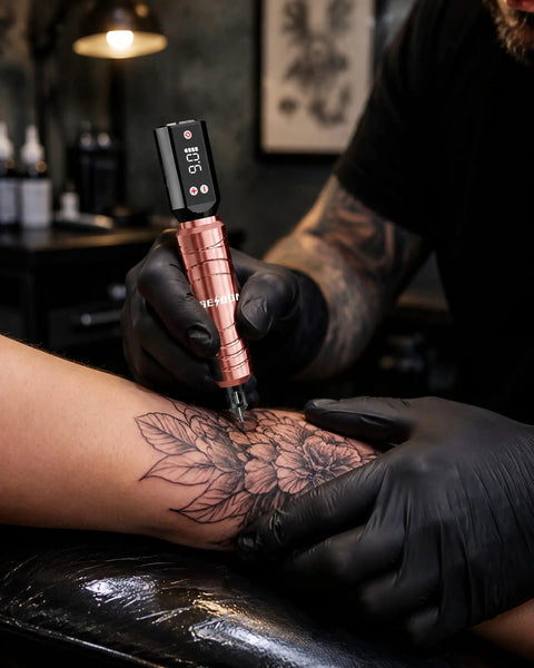 Artist using Wireless Tattoo Pen Kit For Beginners With Dual 1200mAh Batteries on floral arm design in studio