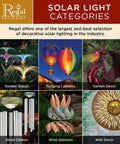 Various solar light categories including garden stakes, hanging lanterns, garden decor, wind chimes, wind spinners, and wall decor.