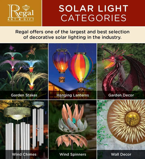 Various solar light categories including garden stakes, hanging lanterns, garden decor, wind chimes, wind spinners, and wall decor.