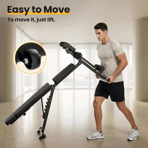 Man adjusting Adjustable Weight Bench For Home Gym With Foldable Frame And Wheels Leg Extension And Curl 770 Lbs Capacity Multi Function Preacher Curl Incline Decline Flat Sit Up Bench For Full Body Training