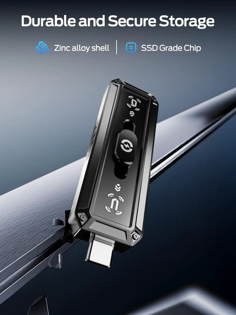 Dual USB A And USB C Portable SSD 256GB With 520MB/s Read And 450MB/s Write showing zinc alloy shell with USB C connector.
