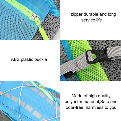 Hydration Pack for Cyclists and Runners, Lightweight 600D Polyester Rucksack With Durable Double-Stitched Seams, zipper and ABS buckle details.