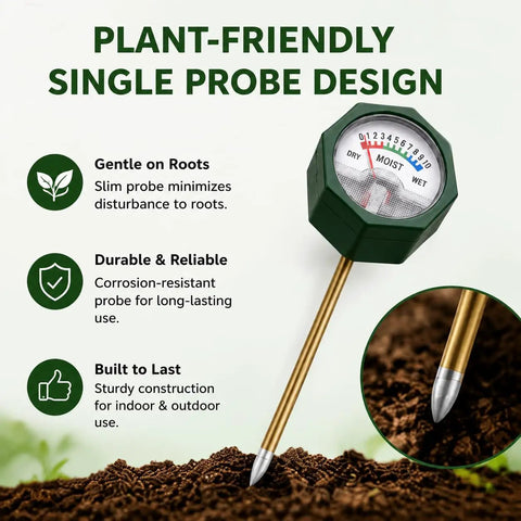 Soil Moisture Meter With 6.5 Inch Single Probe For Most Pots Instant Read No Battery Analog Dial Color Coded Display, green dial