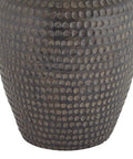 Detail of Textured Dot Jug Table Lamp With Dark Brown Finish Cast Resin Construction Oatmeal Linen Round Drum Shade Top 13 Inches