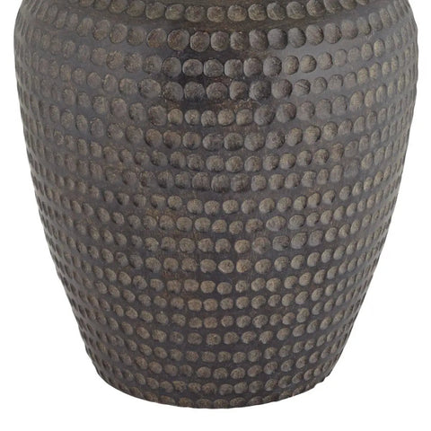 Detail of Textured Dot Jug Table Lamp With Dark Brown Finish Cast Resin Construction Oatmeal Linen Round Drum Shade Top 13 Inches