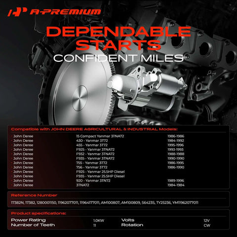 Beefy 12V 1.0KW 11 Teeth Clockwise Starter Motor for John Deere and Yanmar models with compatibility list.