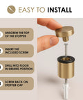 Installation steps for floor door stopper with mounting hardware included, showing assembly of satin brass stopper and screw.