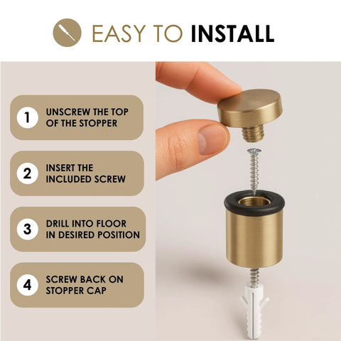 Installation steps for floor door stopper with mounting hardware included, showing assembly of satin brass stopper and screw.