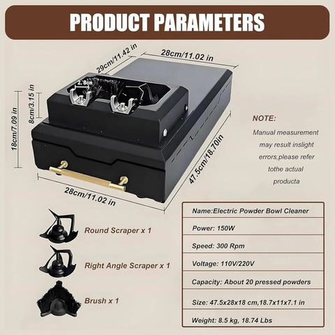 Heavy Duty Electric Coffee Portafilter Cleaner Knock Box Combo dimensions and features illustration with scrapers.