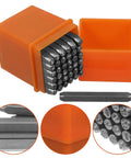 37 Piece Metal Stamping Kit With Letter And Number Punches For Wood, Plastic And Heart Symbols, open box showing metal punches