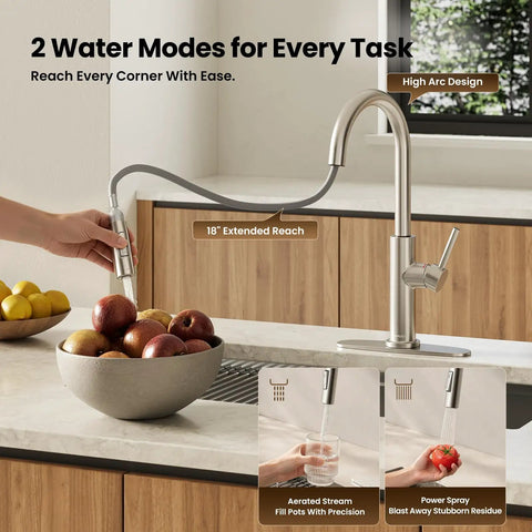JOMOO Brushed Nickel Kitchen Faucet with Pull Down Sprayer, 2-Mode showing high-arc design and dual water modes for kitchen use.
