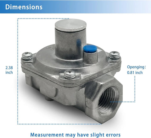 NG LPG convertible gas regulator with dimensions and fittings, ideal for grills and stoves.