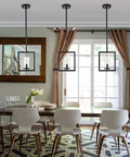 Modern Black Mini Pendant Lights Three Pack With Square Metal Frame And Glass Shade Industrial Hanging Ceiling Chandeliers For Kitchen Island Dining Room Bedroom Hallway Foyer Bar Lighting above dining table