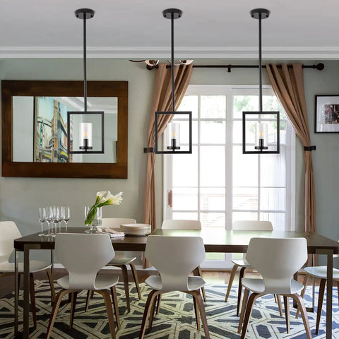 Modern Black Mini Pendant Lights Three Pack With Square Metal Frame And Glass Shade Industrial Hanging Ceiling Chandeliers For Kitchen Island Dining Room Bedroom Hallway Foyer Bar Lighting above dining table