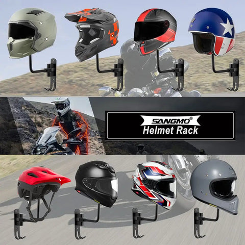 180 Degree Rotating Motorcycle Helmet Rack Wall Mount Heavy Duty Metal Helmet Holder With Two Hooks and helmets displayed