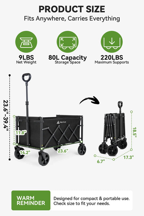 Heavy Duty Folding Wagon Cart With Wheels, 220 lb capacity, dimensions shown, collapsible and self-standing design