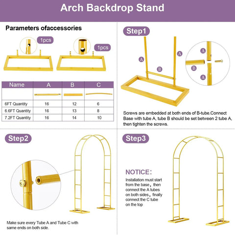 Heavy Duty 7.2Ft Metal Garden Arch Trellis Arbor With Steel Frame And Base assembly instructions steps 1 to 3