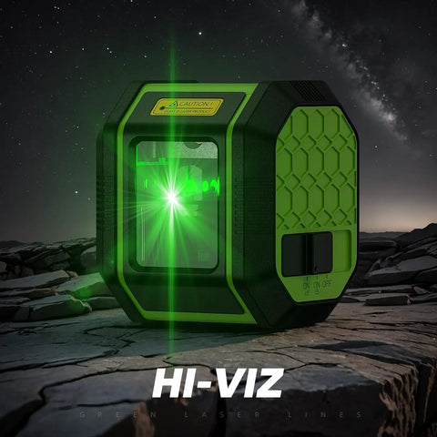 Self Leveling Green Cross Line Laser Level With 100 Ft Range For DIY Construction And Indoor Decoration Accurate Leveling And Plumb In A Snap Built In Li Ion Battery For Long Lasting Power, front view on rocky surface