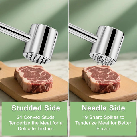 Dual Sided 316L Stainless Steel Meat Tenderizer Mallet With 19 Sharp Needle Spikes, Heavy Duty Kitchen Pounder on wooden board