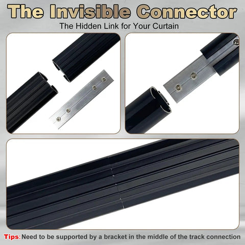 Heavy Duty Aluminum Curtain Track System, Wall Mounted With Quiet Glide, Roman Rod Style Rail For Living Room, Bedroom, And Room Divider, Black Finish, 12ft Length, connector detail