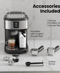 Pro Grade 20 Bar Compact Espresso Maker Featuring Automatic Milk Frother And Stainless Steel Frame Yields Top Tier Cappuccino Latte With Bold Kick For Quick Daily Grinds with portafilters and coffee scoop.